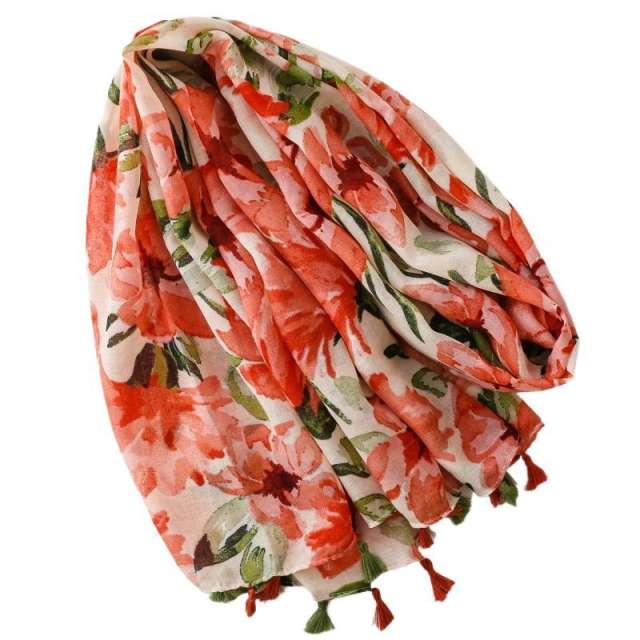 New Foreign Trade Watercolor Floral Print Tassel Scarf