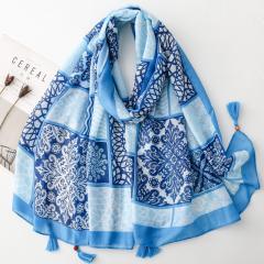 Retro Ethnic Style Floral Geometric Print Tassel Scarf with Wooden Beads