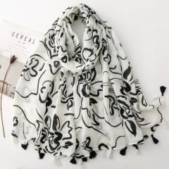 French-Style Black and White Floral Line Print Tassel Scarf