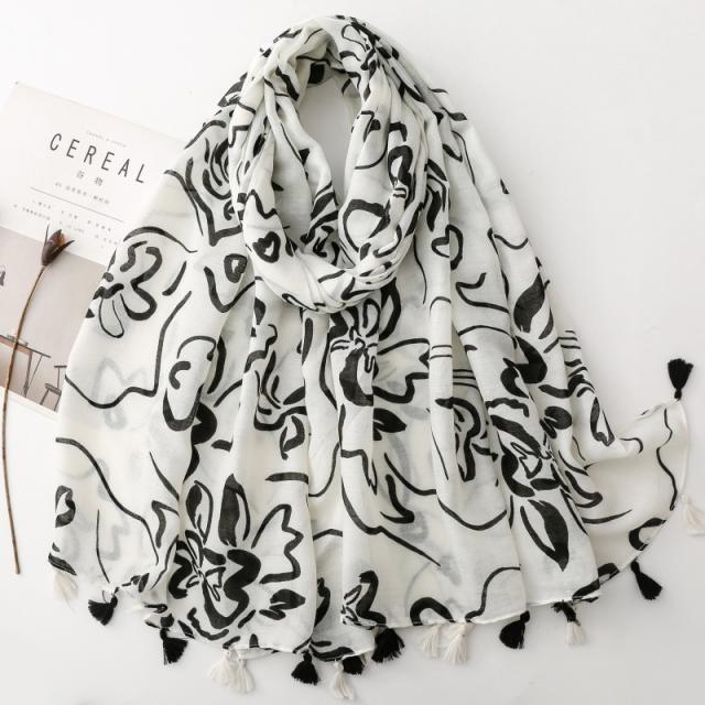French-Style Black and White Floral Line Print Tassel Scarf