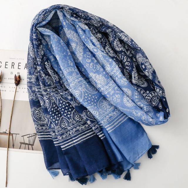 Blue and White Gradient Paisley Tassel Printed Scarf