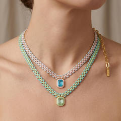 Summer fresh light green copper chain square cubic zircon pendant necklace