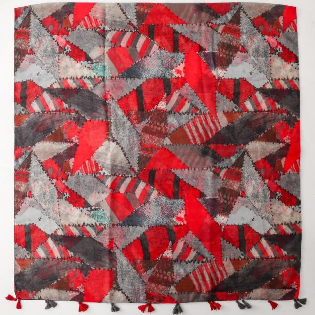 Red and Gray Geometric Print Scarf Red-Toned Lazy Style Contrasting Color Scarf