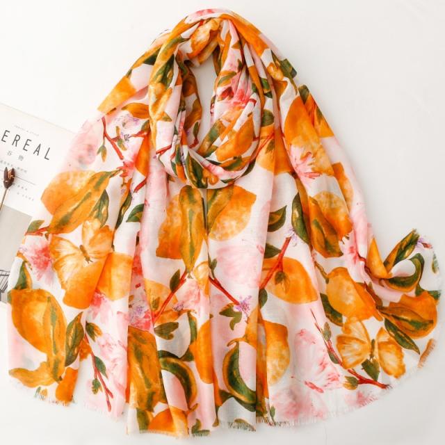 French-Style Lemon Butterfly Print Silk Scarf Cotton-Linen Feel Large Size Scarf