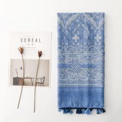 Blue and White Gradient Paisley Tassel Printed Scarf