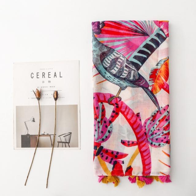 Colorful Parrot and Toucan Print Tassel Scarf
