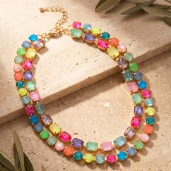 Colorful square glass crystal two layer women necklace