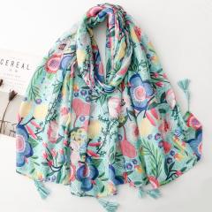 Ethnic Style Floral Print Scarf Soft Tassel Holiday Shawl for All Seasons