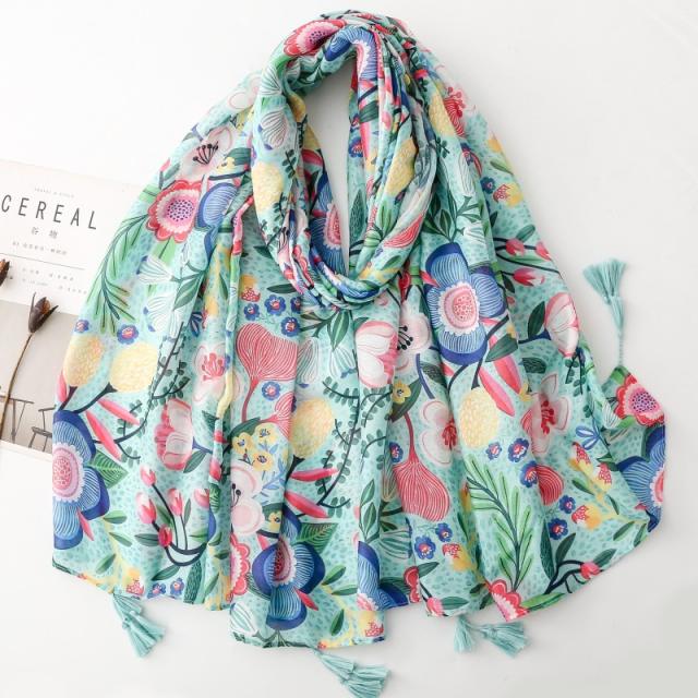 Ethnic Style Floral Print Scarf Soft Tassel Holiday Shawl for All Seasons