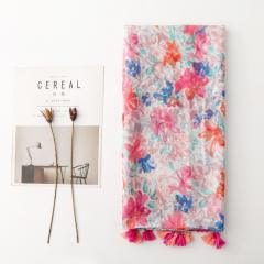 Elegant Socialite Watercolor Pink Floral Print Tassel Scarf