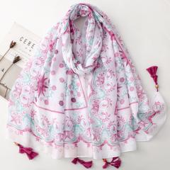 Retro Ethnic Style Floral Geometric Print Tassel Scarf with Wooden Beads