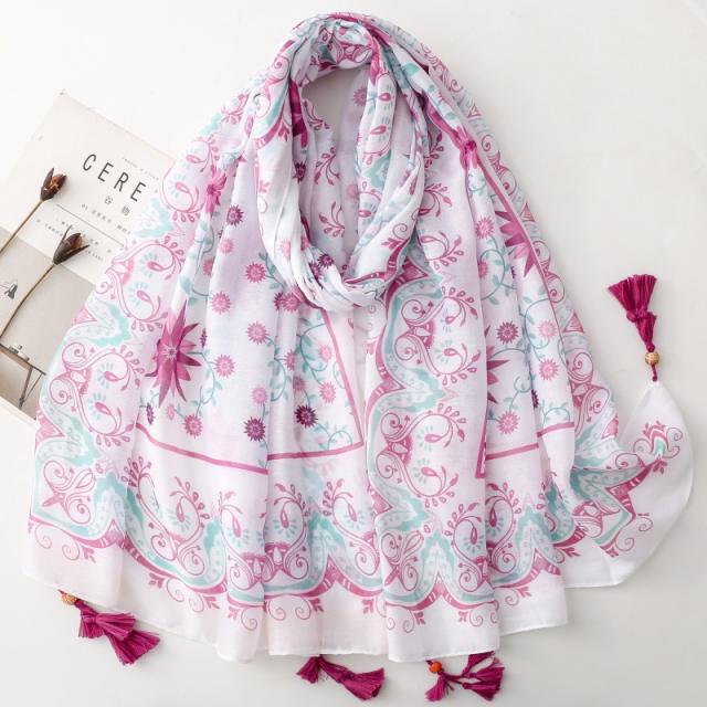 Retro Ethnic Style Floral Geometric Print Tassel Scarf with Wooden Beads