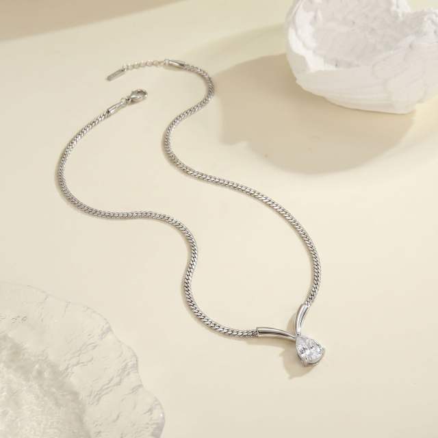 Stainless Steel necklace V-Shaped Curved Tube Water Drop Zircon Cuban Necklace