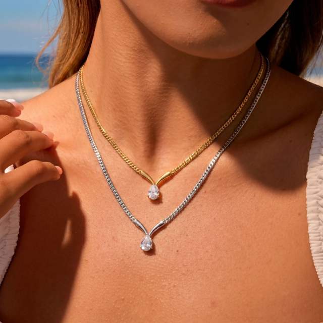 Stainless Steel necklace V-Shaped Curved Tube Water Drop Zircon Cuban Necklace