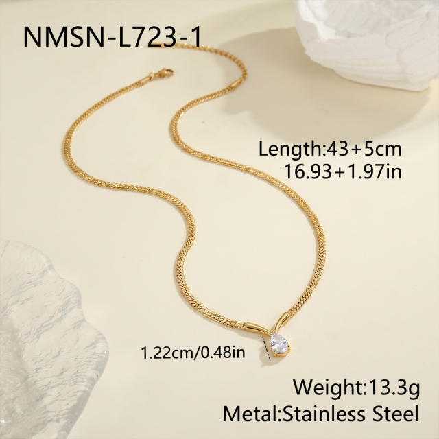 Stainless Steel necklace V-Shaped Curved Tube Water Drop Zircon Cuban Necklace