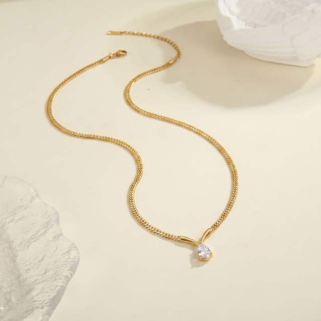 Stainless Steel necklace V-Shaped Curved Tube Water Drop Zircon Cuban Necklace