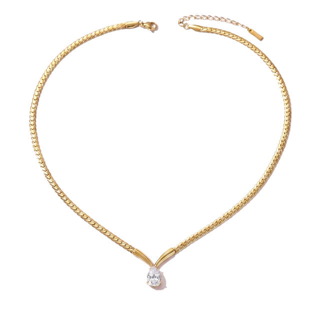 Stainless Steel necklace V-Shaped Curved Tube Water Drop Zircon Cuban Necklace