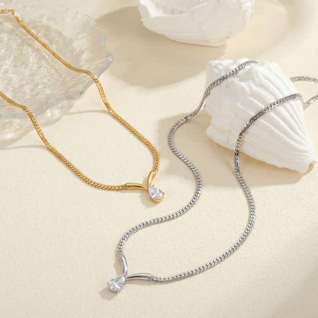 Stainless Steel necklace V-Shaped Curved Tube Water Drop Zircon Cuban Necklace