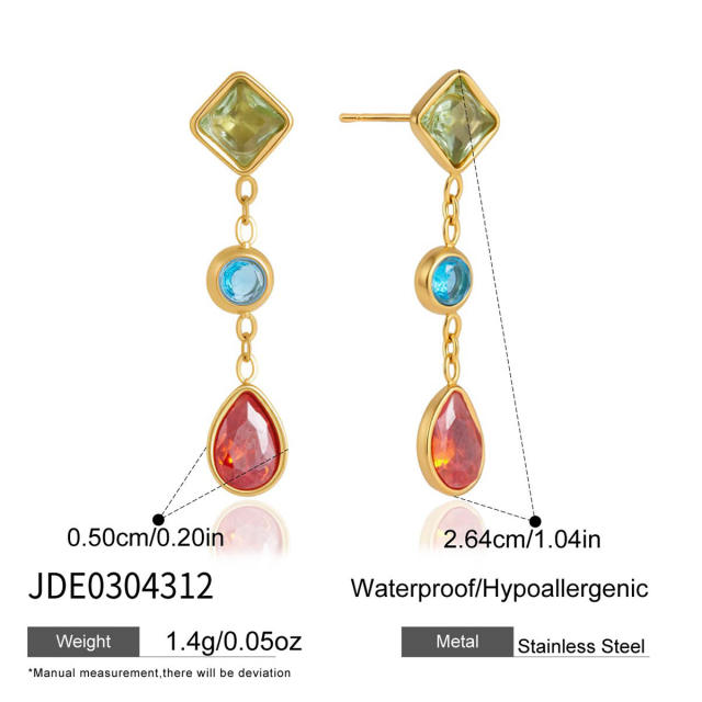 Summer colorful cubic zircon geometric stainless steel earrings