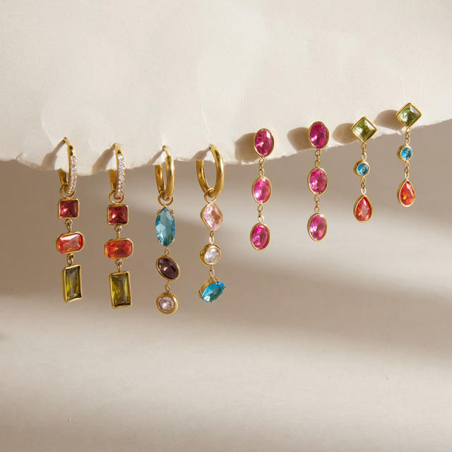 Summer colorful cubic zircon geometric stainless steel earrings
