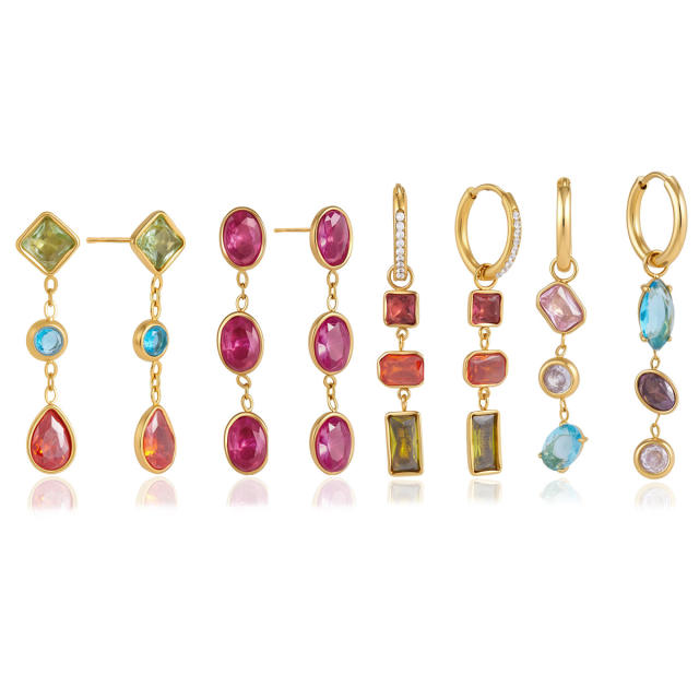 Summer colorful cubic zircon geometric stainless steel earrings