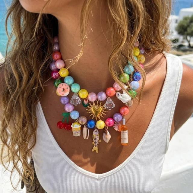Summer candy color resin bead stainless steel charm necklace for women