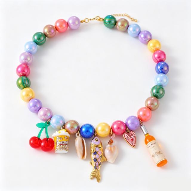 Summer candy color resin bead stainless steel charm necklace for women