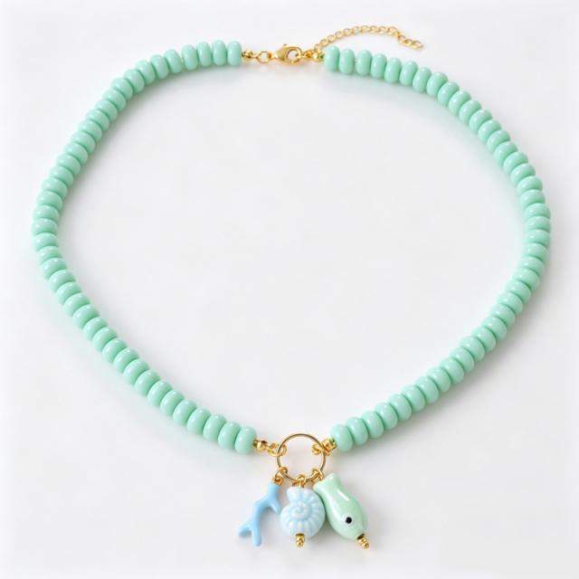 Summer fresh green color resin bead fish charm necklace for women holiday