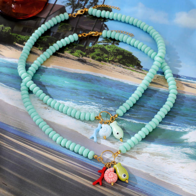 Summer fresh green color resin bead fish charm necklace for women holiday