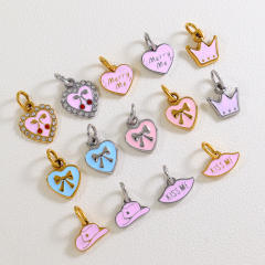 New 316L Stainless Steel Oil-Drip Pendant Gold and Silver Mixed Style Heart Crown Charm pink charms