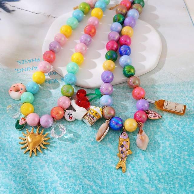 Summer candy color resin bead stainless steel charm necklace for women