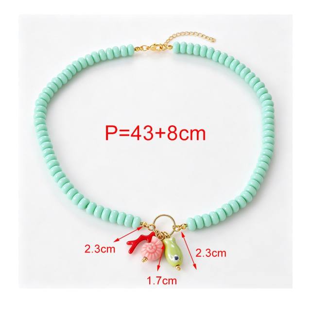 Summer fresh green color resin bead fish charm necklace for women holiday