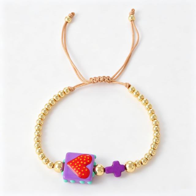 Popular contrast color heart block gold color beaded bracelet