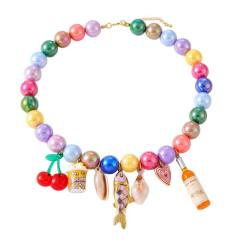 Summer candy color resin bead stainless steel charm necklace for women