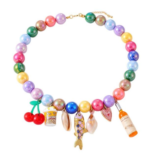 Summer candy color resin bead stainless steel charm necklace for women