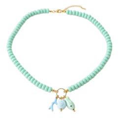 Summer fresh green color resin bead fish charm necklace for women holiday
