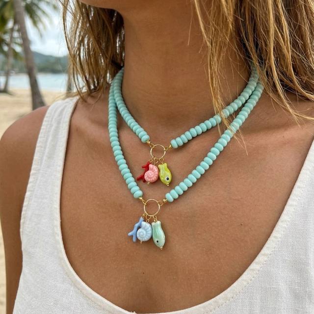 Summer fresh green color resin bead fish charm necklace for women holiday