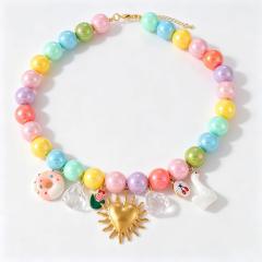 Summer candy color resin bead stainless steel charm necklace for women