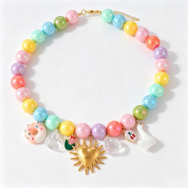 Summer candy color resin bead stainless steel charm necklace for women