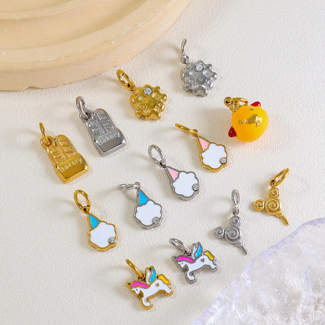 316L enamel Cute Unicorn Baking Cookie Fun Keychain stainless steel charm diy jewelry accessory