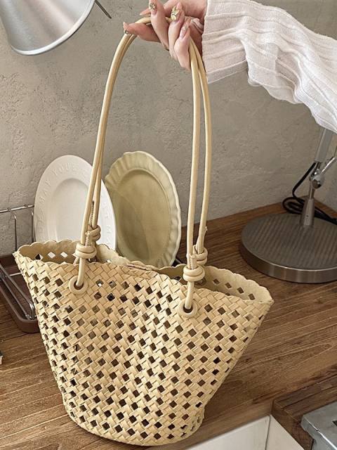 Fashionable Woven Basket Bag Hollow Design Single-Shoulder Tote Bag