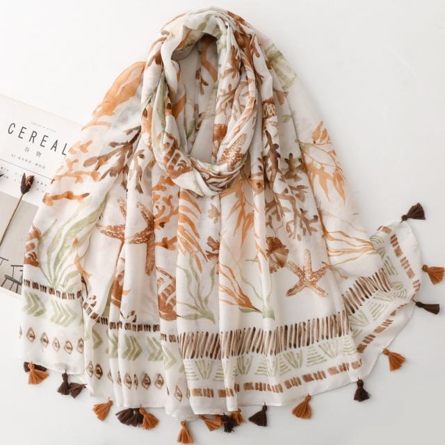 Navy Style Underwater World Seaweed Shell Starfish Plant Tassel Scarf Travel Vacation Shawl