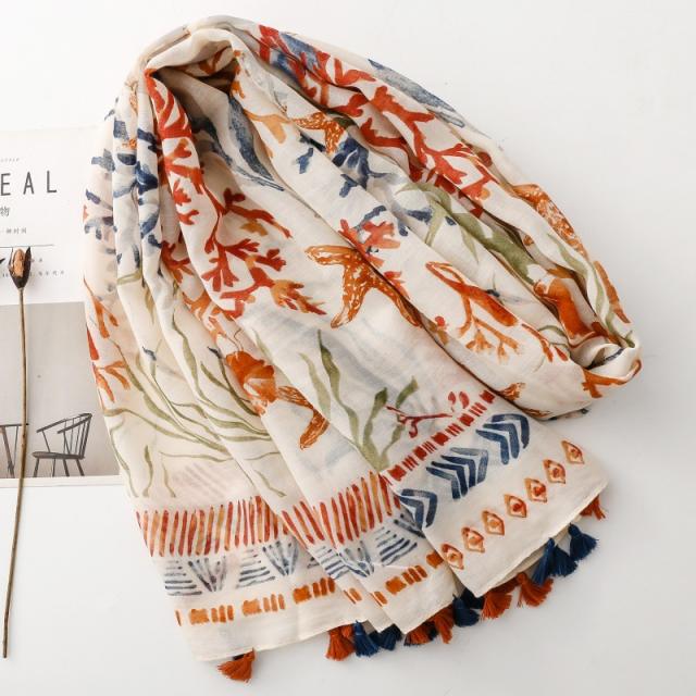 Navy Style Underwater World Seaweed Shell Starfish Plant Tassel Scarf Travel Vacation Shawl