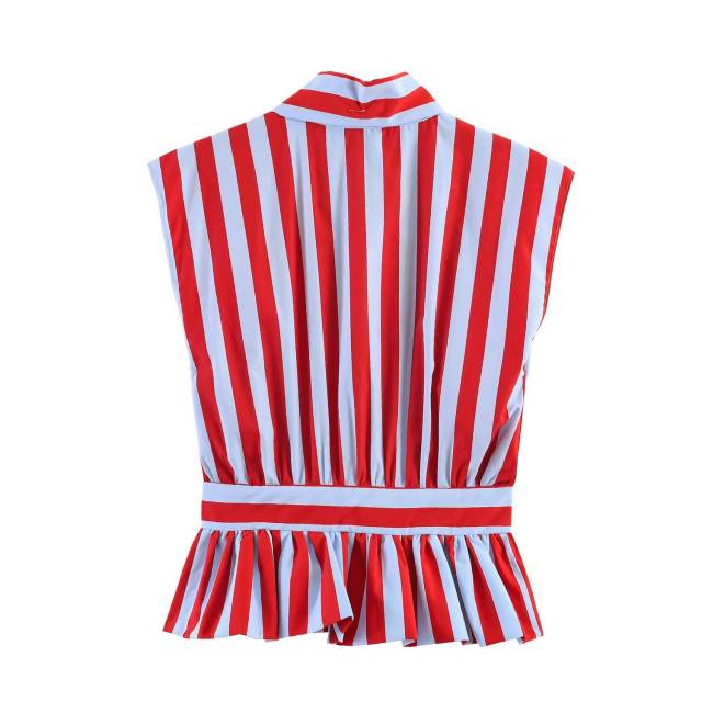 Women's Clothing French Style Bow Decorated Striped Sleeveless Shirt