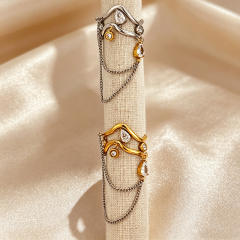 Unique wave shape line chain tassel rhinestone inlaid stainless steel rings