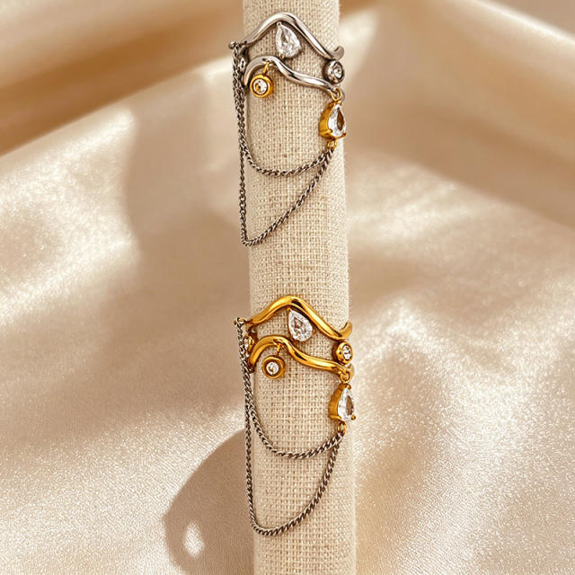 Unique wave shape line chain tassel rhinestone inlaid stainless steel rings