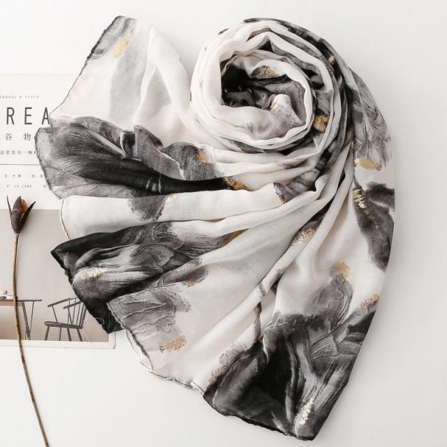 Summer Large lotus flower with gold foil stamping scarf shawl