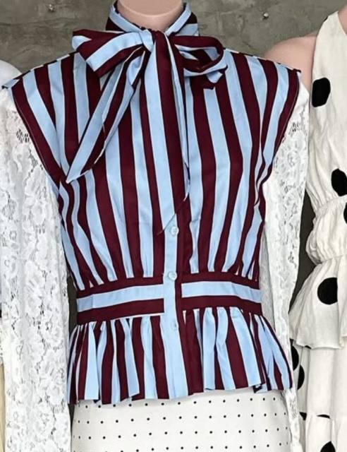 Women's Clothing French Style Bow Decorated Striped Sleeveless Shirt