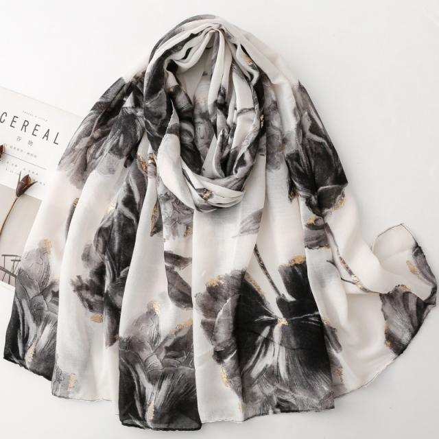 Summer Large lotus flower with gold foil stamping scarf shawl