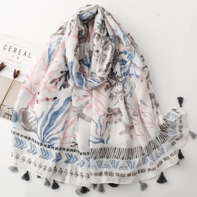 Navy Style Underwater World Seaweed Shell Starfish Plant Tassel Scarf Travel Vacation Shawl